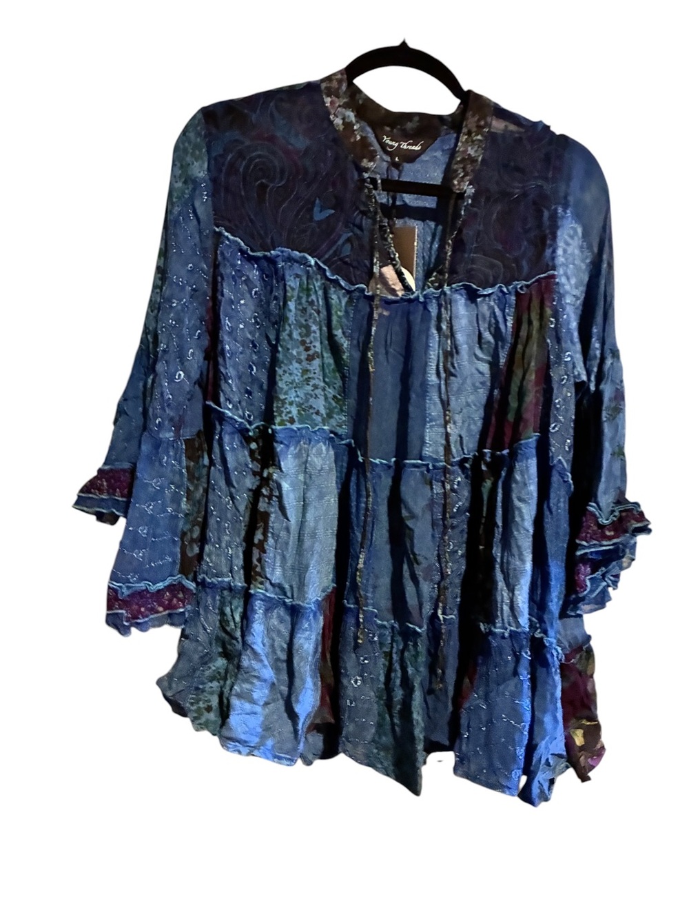 Young Threads Blue Patchwork Boho Ruffle Top – Large - Picture 3 of 4